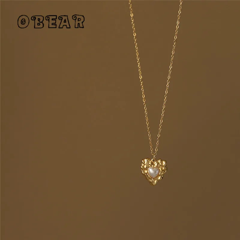 18K Gold Plated Pearl Heart Pendant Necklace - Accessory