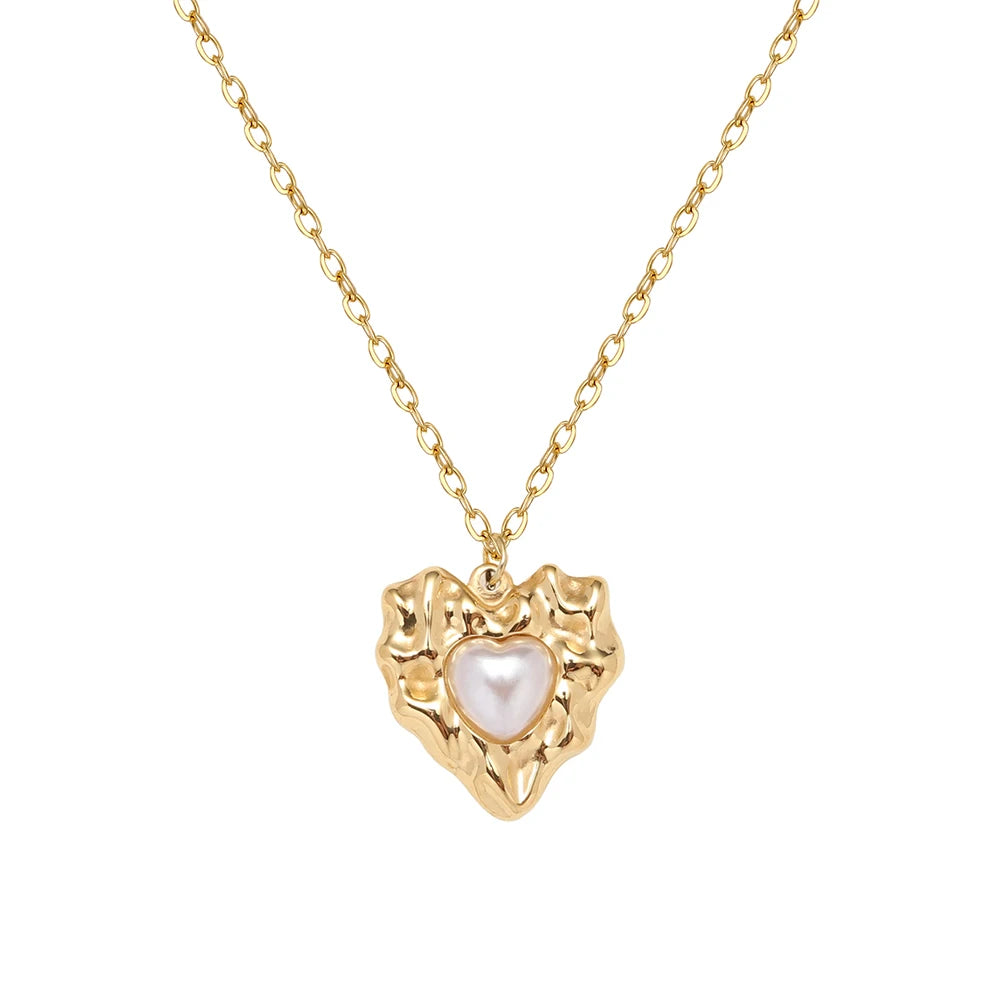 18K Gold Plated Pearl Heart Pendant Necklace - Accessory