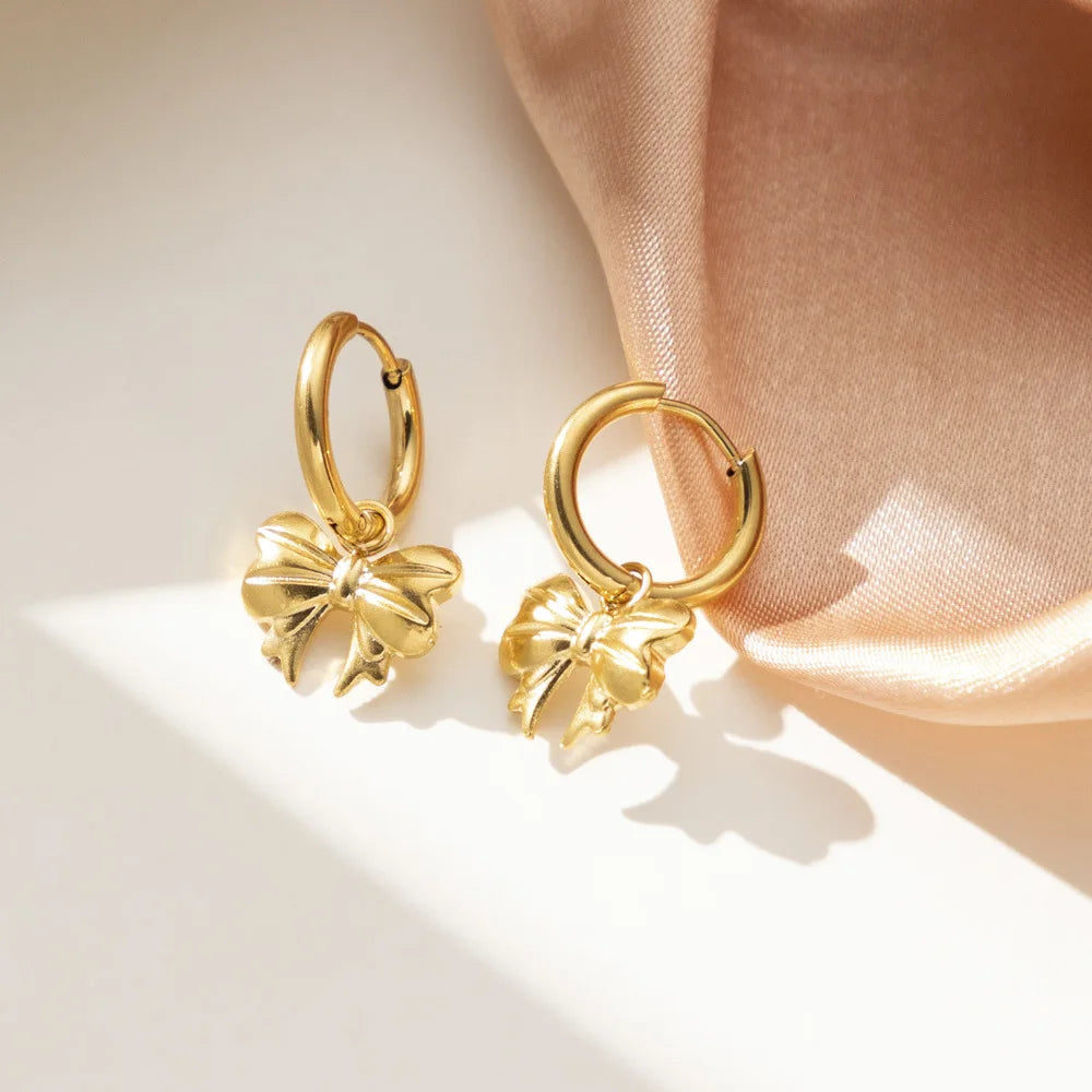 Chic Bow Tie Pendant Drop Hoop Huggie Earrings - Accessory 