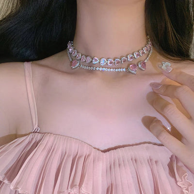 Sweet Pink Heart Zircon Choker Necklace