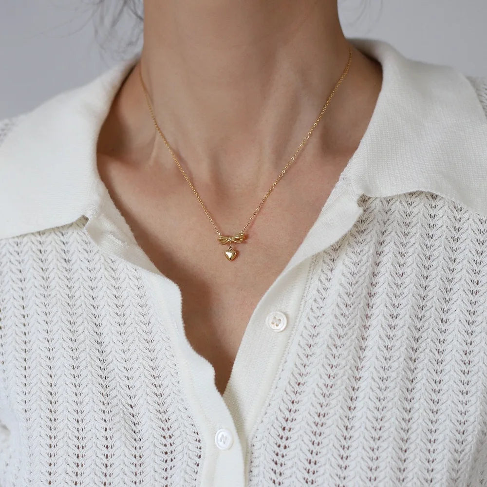 Sweet Heart Bow Pendant Necklace - Accessory 