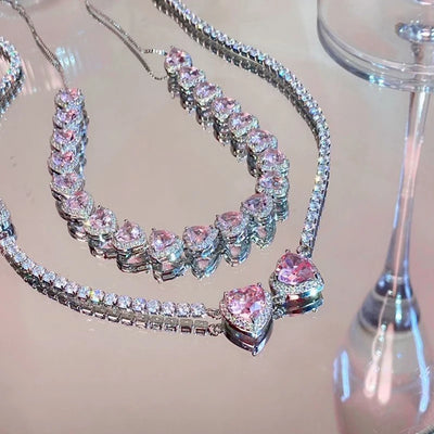 Sweet Pink Heart Zircon Choker Necklace