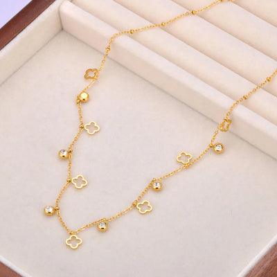 Cubic Zirconia Flower Charm Necklace - Stainless Steel