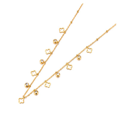 Cubic Zirconia Flower Charm Necklace - Stainless Steel