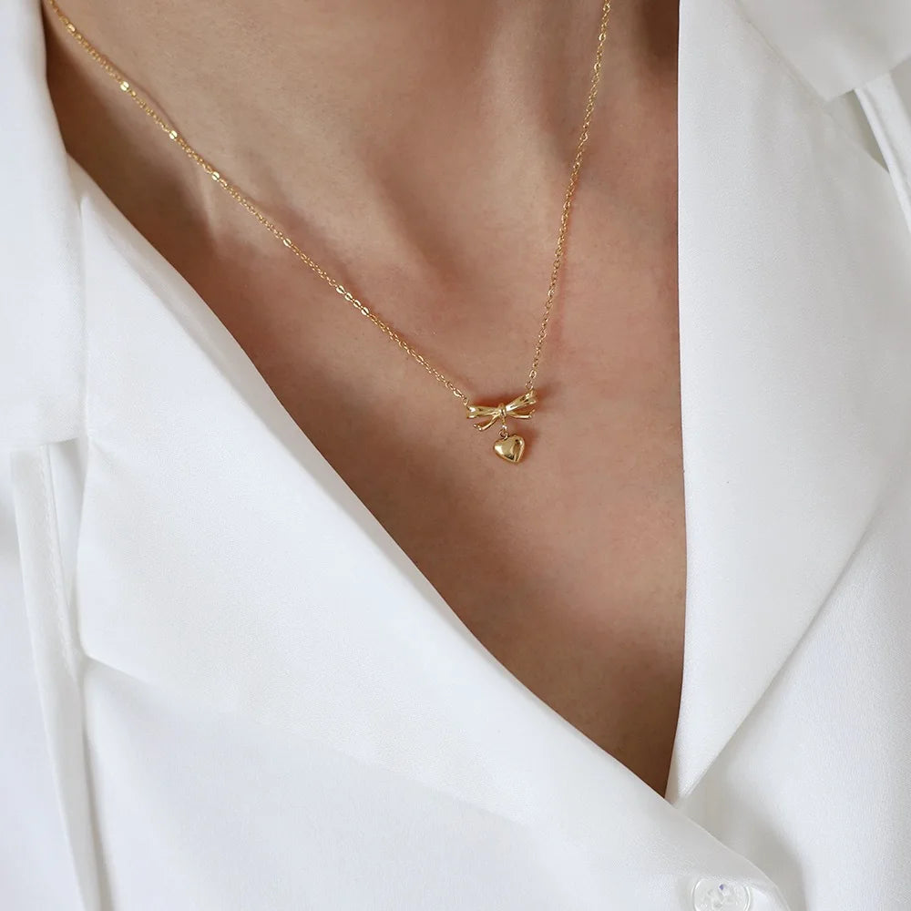 Sweet Heart Bow Pendant Necklace - Accessory 