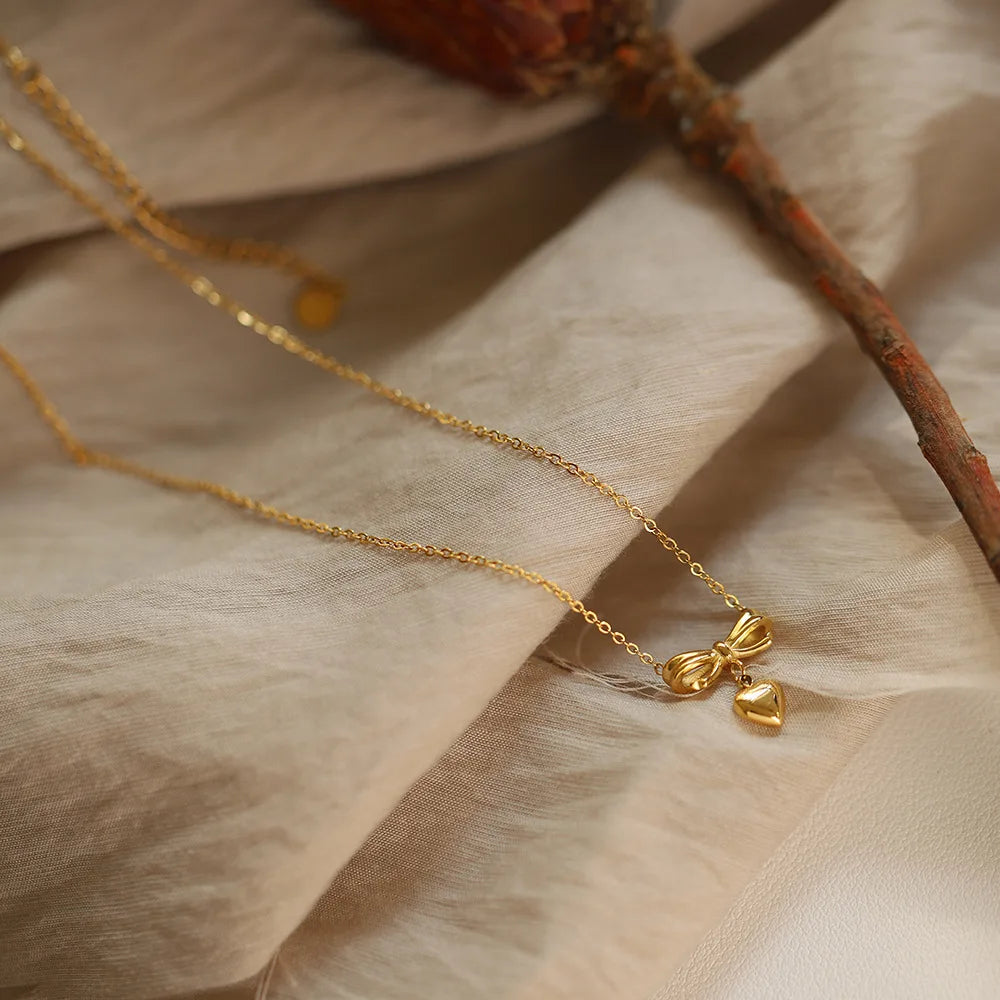 Sweet Heart Bow Pendant Necklace - Accessory 
