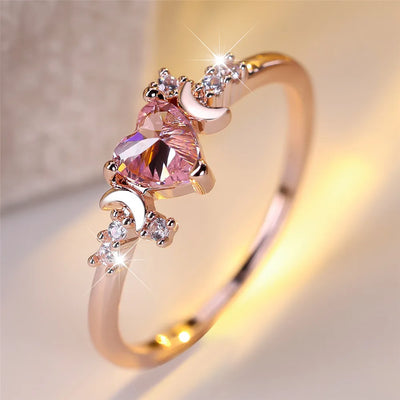 Elegant Pink Crystal Heart Stone Ring